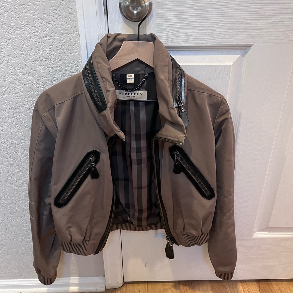 Burberry Women’s Dark Tan Bomber Jacket with Leather Accents